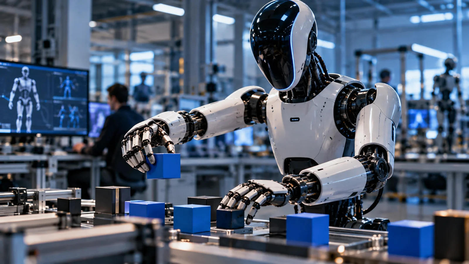 Illustration of a humanoid robot moving blocks in a controlled training laboratory, with digital robot models on a screen.