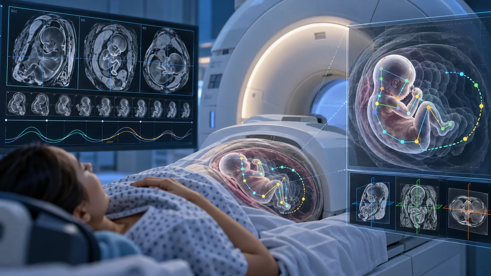 Illustration of a pregnant person in an MRI scanner with fetal images and graphical markers for motion and position.
