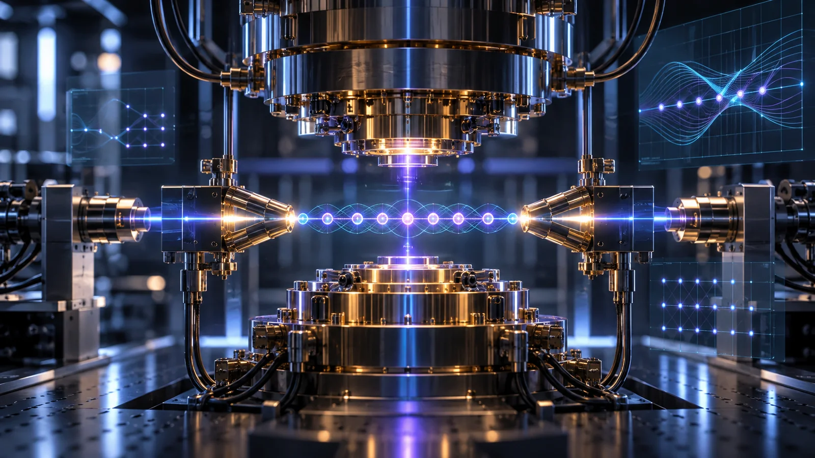 Illustration of a trapped-ion quantum system with a glowing chain of trapped ions between laboratory components.