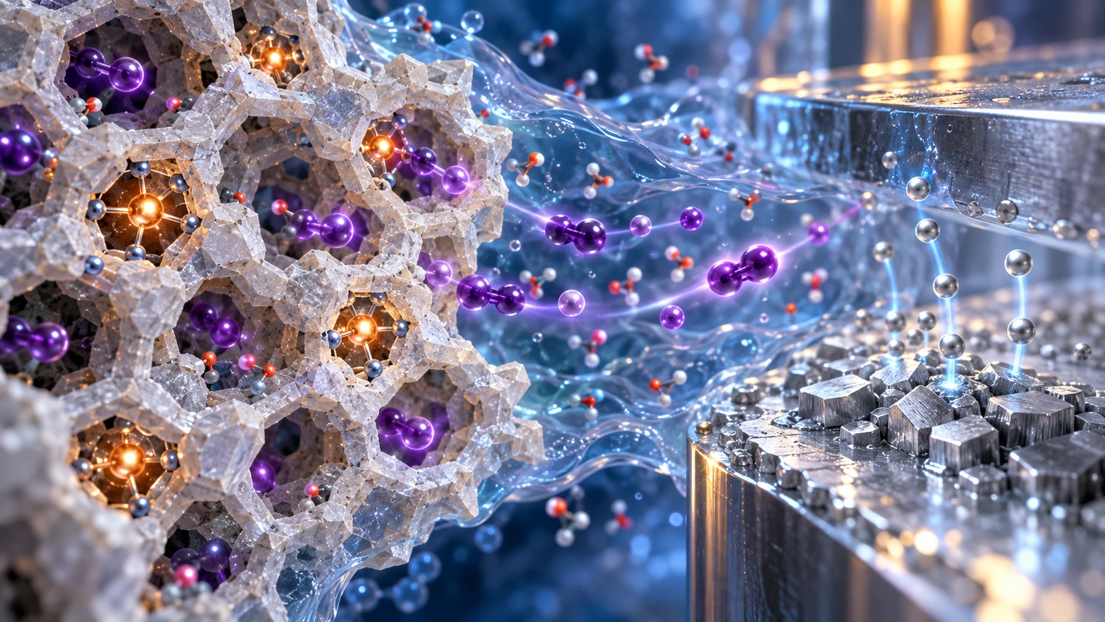 Concept illustration of single atoms in a porous zeolite structure beside a zinc electrode, with ions moving through the electrolyte.