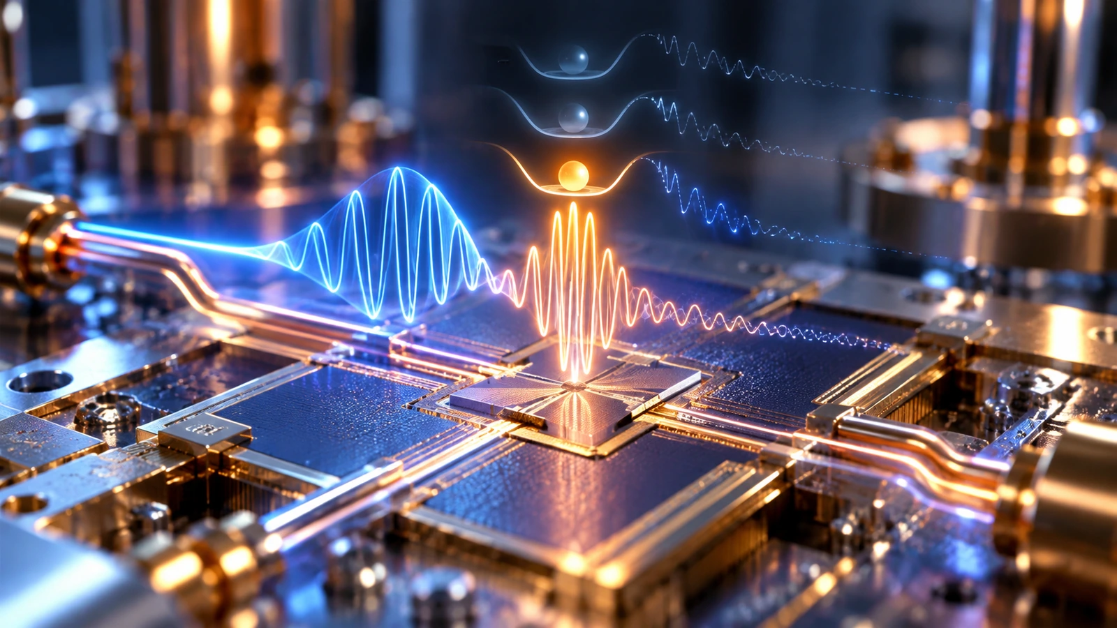 Concept illustration of shaped microwave pulses controlling a superconducting qubit on a quantum chip.